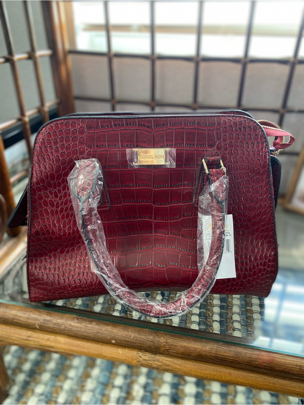 Michael Kors Croc-Embossed Wine Red Dome Satchel
